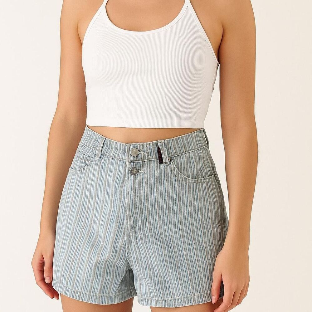 vintage 90s 1990s retro aesthetic Blue white striped high-waisted denim shorts